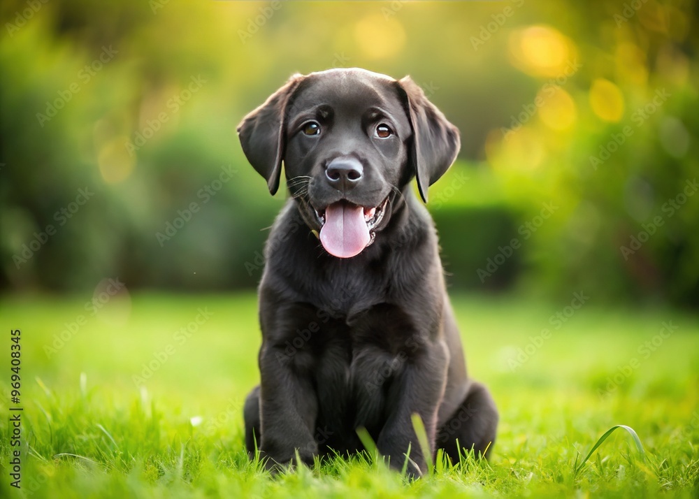 Adorable black labrador retriever puppy sits on lush green grass, tongue out, and big brown eyes shining straight into the camera's lens. Adorable black labrador retriever puppy sits on lush green grass, tongue out, and big brown eyes shining straight into the camera's lens.