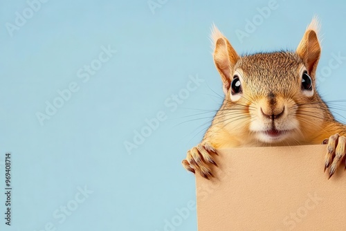 Cute squirrel holding a blank sign on a blue background. photo