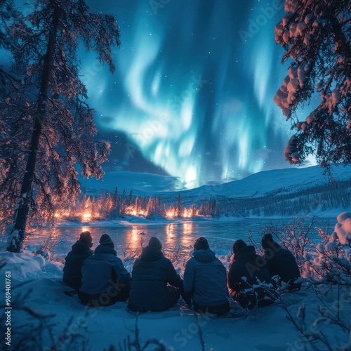 Warmth Amidst Winter's Chill: Snowy Shoreline Scene with Northern Lights photo