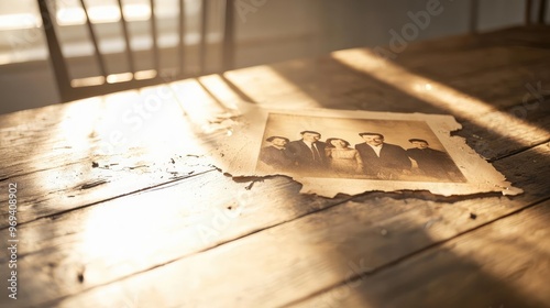 A vintage photo lying on a rustic table, illuminated by warm sunlight, evoking nostalgia and timeless memories.