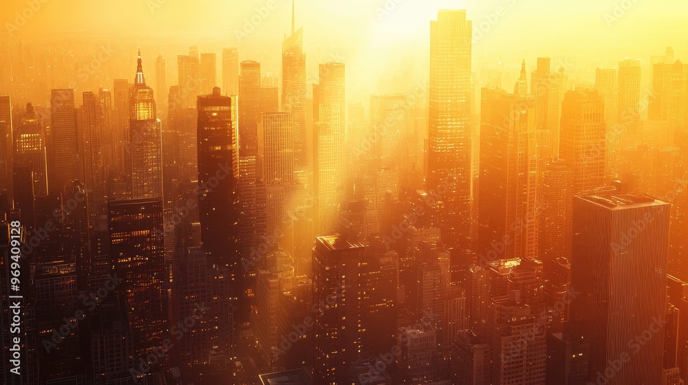 A golden hour cityscape with the sun casting long shadows, highlighting the architecture of skyscrapers A golden hour cityscape with the sun casting long shadows, highlighting the architecture of skyscrapers