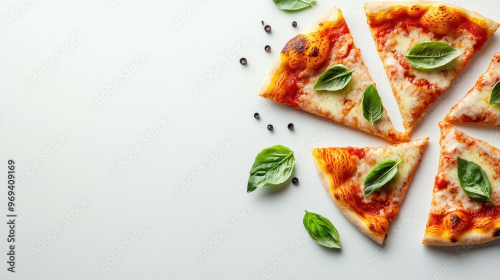 Delicious Italian Pizza Slices with Fresh Basil and Tomato Toppings on Wooden Table