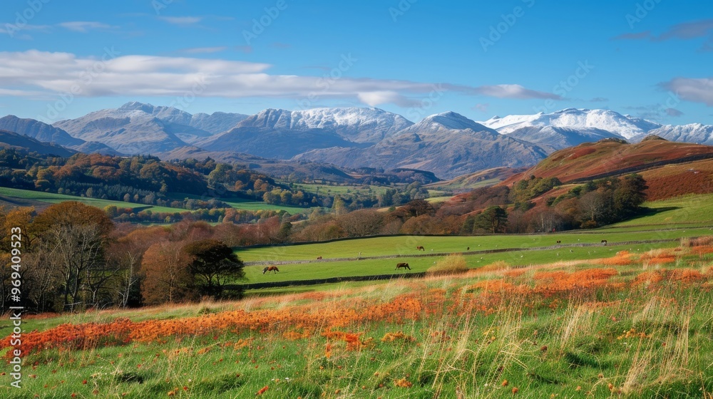 Naklejka premium Breathtaking Mountain View with Lush Green Fields and Tiny Flowers