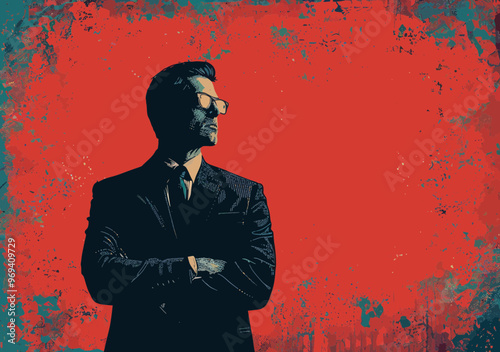 Confident Business Leader Overseeing Project Management in Artistic Vector Illustration with Expression of Determination and Leadership