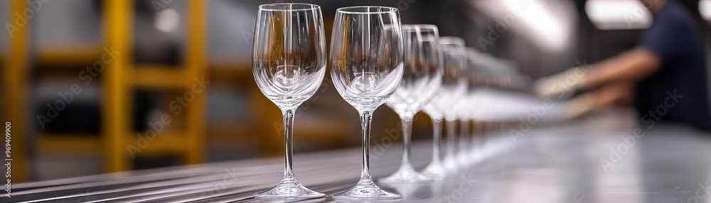 Glassware production line, stemmed glasses under inspection, quality control, polished finishes, skilled workers, elegance in glass design Glassware production line, stemmed glasses under inspection, quality control, polished finishes, skilled workers, elegance in glass design