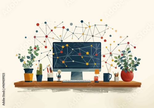 Remote Work Team Collaboration Network Manager Communicates Online Computer Desk Workspace Minimalist Business Illustration