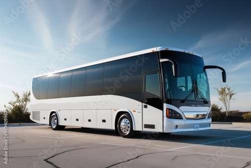 A sleek parked white tour charter bus