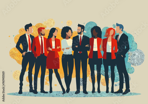 Diverse Business Team Standing Together in Unity Demonstrating Team Spirit in Minimalistic Vector Illustration for Corporate Success and Collaboration