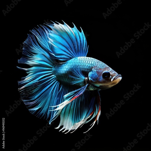 A vibrant blue betta fish with flowing fins, set against a black background.