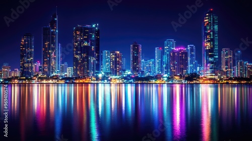 A modern city skyline illuminated at night with colorful lights reflecting in the water, showing vibrant urban life