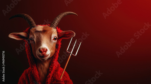 Goat in a devil costume with tiny horns and a pitchfork, devil goat, farm animal in spooky attire