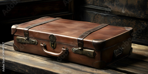 Classic leather suitcase on wooden platform photo