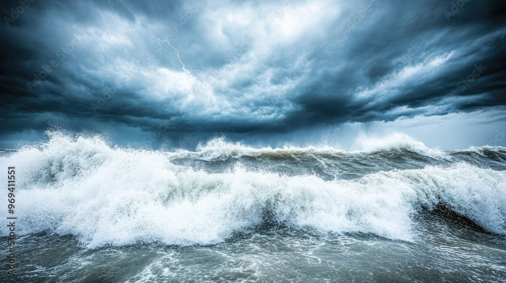 Obraz premium Lightning strikes illuminate the dark sky above a turbulent sea, where crashing waves and strong winds create an atmosphere of mystery and power