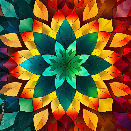 Colorful abstract geometric background with stars and a mix of orange, yellow, green, and dark tones, featuring a mosaic pattern and 3D effect , Generated By Ai