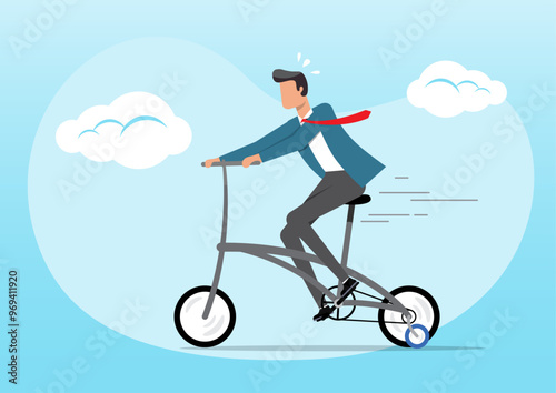 newcomer businessman practice riding bicycle with training wheels