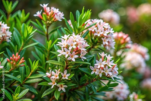 A fragrant evergreen shrub features needle-like leaves and pinkish-white flowers amidst lush greenery in a rustic garden setting, exuding sweetness.