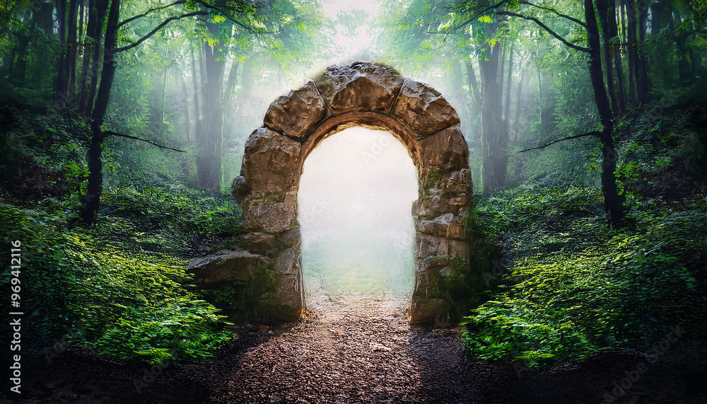Abstract stone arch, portal to mystic forest. Spiritual energy and salvation. Mystical atmosphere Abstract stone arch, portal to mystic forest. Spiritual energy and salvation. Mystical atmosphere