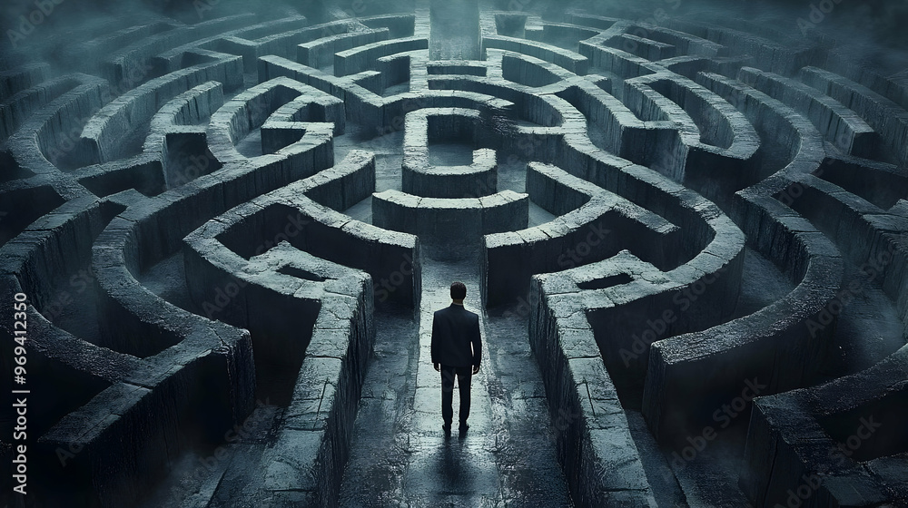 A person stands before a complex maze, symbolizing challenges and decision-making.