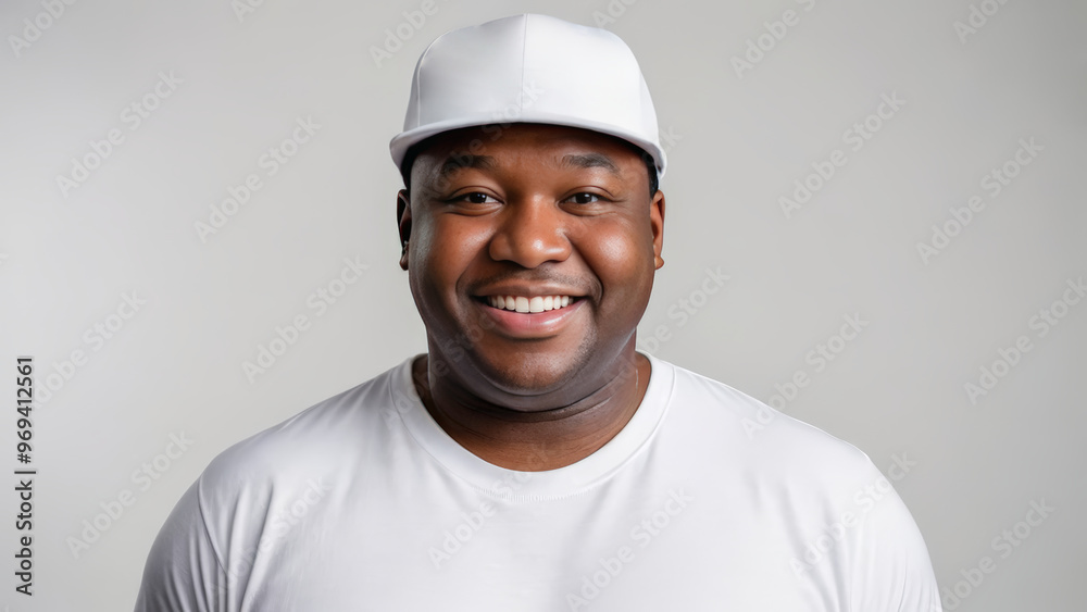 Plus size black man wearing white t-shirt and white baseball cap isolated on grey background Plus size black man wearing white t-shirt and white baseball cap isolated on grey background