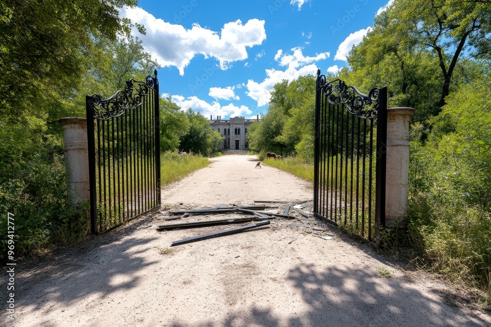 A broken iron gate hanging off its hinges, left open to a decaying mansion, with wild animals roaming the grounds A broken iron gate hanging off its hinges, left open to a decaying mansion, with wild animals roaming the grounds
