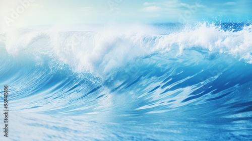  Blue sea wave with white foam on white background 