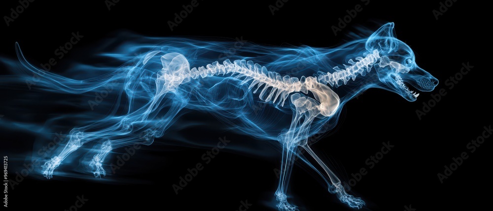 X-ray artistic depiction of a running dog showcasing skeletal structure on a black background, combining science and art in motion. X-ray artistic depiction of a running dog showcasing skeletal structure on a black background, combining science and art in motion.