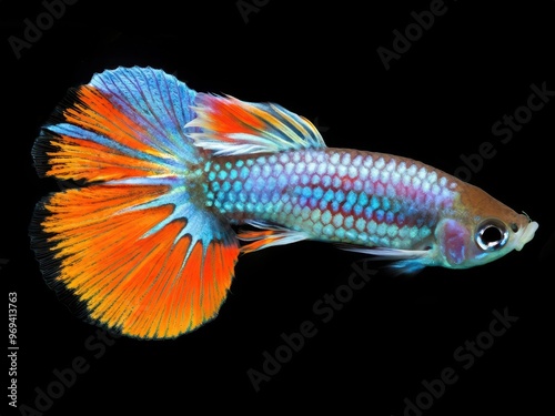 A vibrant fish with colorful fins swimming against a black background. photo