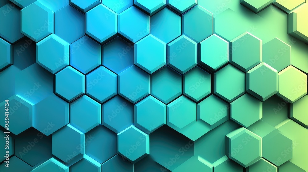 Abstract hexagonal pattern background with a gradient of blue and green, symbolizing futuristic technology and innovation Abstract hexagonal pattern background with a gradient of blue and green, symbolizing futuristic technology and innovation