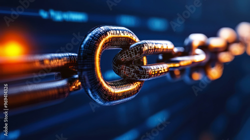 Abstract illustration of a secure online transaction with encrypted data flowing through a virtual blockchain photo