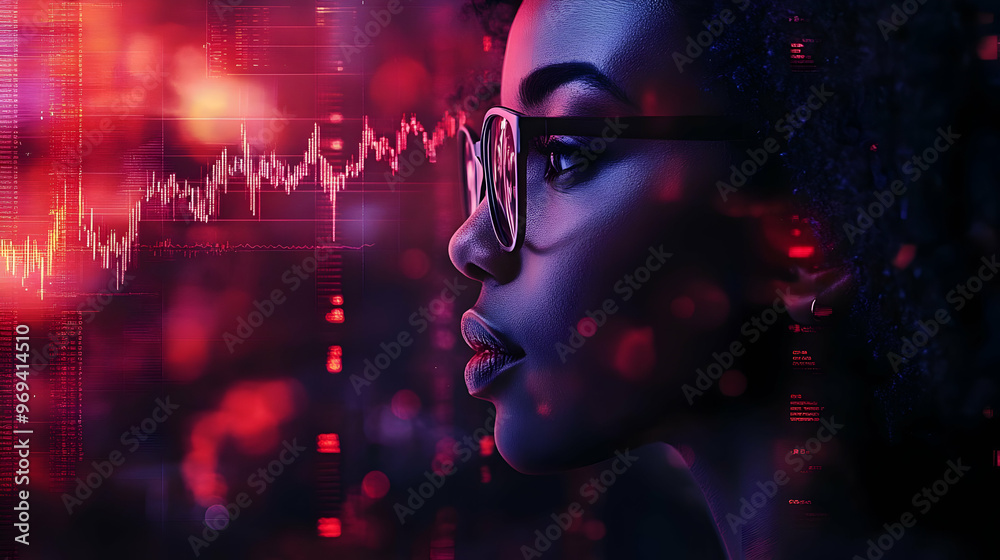 A profile of a woman with glasses, surrounded by digital elements and data visualization. A profile of a woman with glasses, surrounded by digital elements and data visualization.
