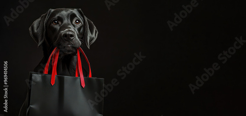 Black Friday sale banner. Black Labrador sitting on black background holding in mouth black shopping bags with red handles. Copy space. Special offer, discount. Super seasonal sale photo