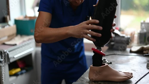 Technician adjusting a prosthetic leg in a workshop setting