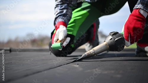 Roofing Professional Installing Roof Membrane in the Sun at a Construction Site in Spring
