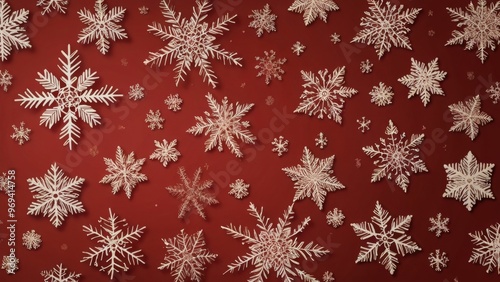 Beautiful detailed white snowflakes falling on red background