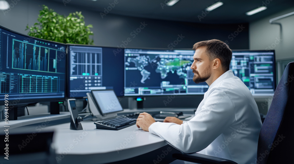 High-tech interface displaying cloud computing analytics and cybersecurity metrics in a dark, sleek environment High-tech interface displaying cloud computing analytics and cybersecurity metrics in a dark, sleek environment