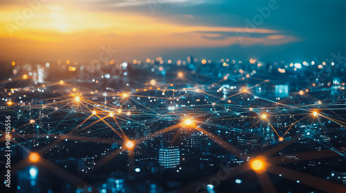 Smart digital city with connection cyber security network reciprocity over the cityscape . future smart wireless digital city and social media networking systems that connects people within the city