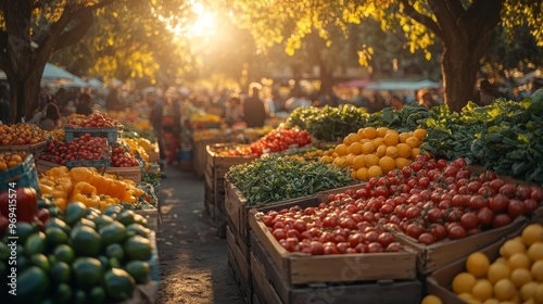 Vibrant outdoor market with fresh produce at sunset