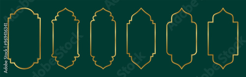 Gold traditional islamic window shape. Golden ramadan frames, mosque arches, moroccan arabic border or door. Arabic muslim architecture design elements, ramadan frames.