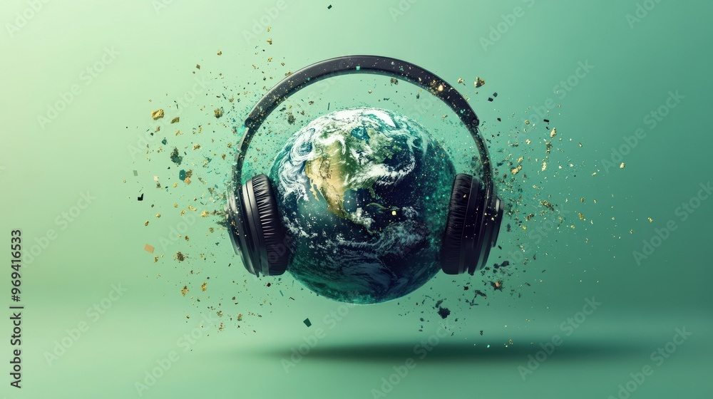 Exploding Earth with headphones on green background.