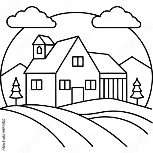 farm house landscape outline coloring book page line art drawing photo