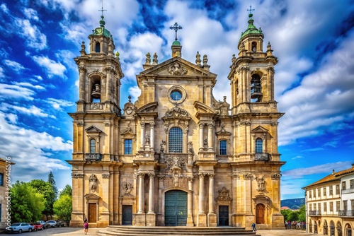 A grandiose 18th-century Baroque-style Catholic church stands majestically in the heart of a historic town, adorned with intricate stone carvings and ornate bell towers.