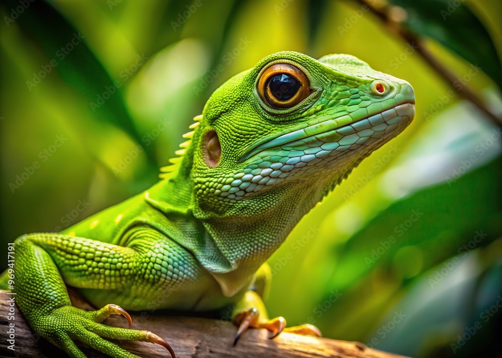 A green lizard sits quietly on a branch, its slim body camouflaged among leaves, with big, bright eyes mirroring its surroundings. A green lizard sits quietly on a branch, its slim body camouflaged among leaves, with big, bright eyes mirroring its surroundings.