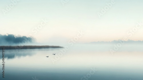 An ethereal photo of a mist-covered lake at dawn, with soft light reflecting off the calm water surface