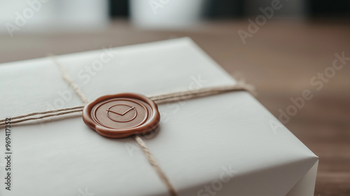 A close-up of a wax seal stamp adorning a white paper-wrapped package, adding a vintage, formal look to the parcel box. photo photo