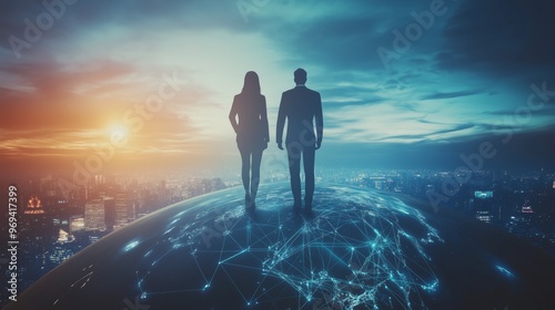 Silhouettes of Business People Standing on a Global Network