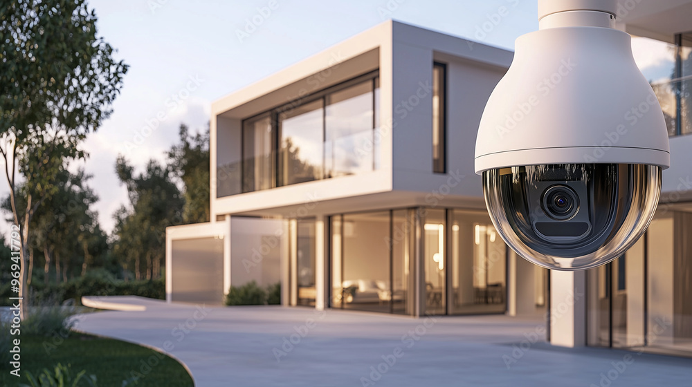 A detailed scheme showing the installation of security IP video surveillance cameras around a modern home, illustrating the setup of a complete home security system. photo A detailed scheme showing the installation of security IP video surveillance cameras around a modern home, illustrating the setup of a complete home security system. photo