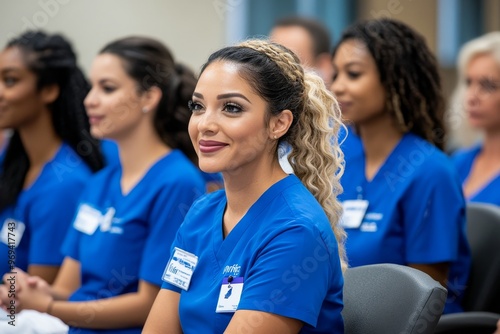 A group of caregivers participating in a training session, learning new techniques for improving patient care with empathy and respect