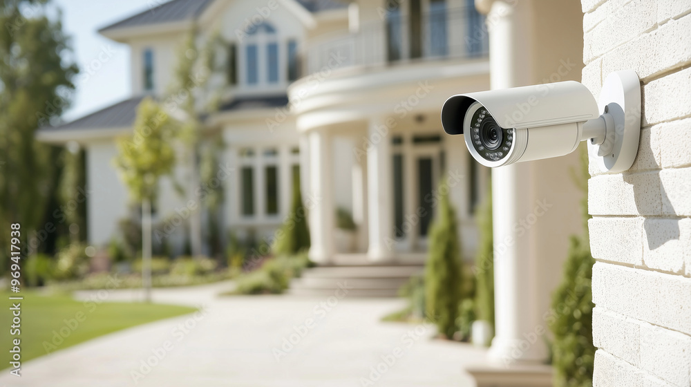 A schematic representation of a modern home's security system, featuring strategically placed IP video surveillance cameras for full perimeter protection. photo