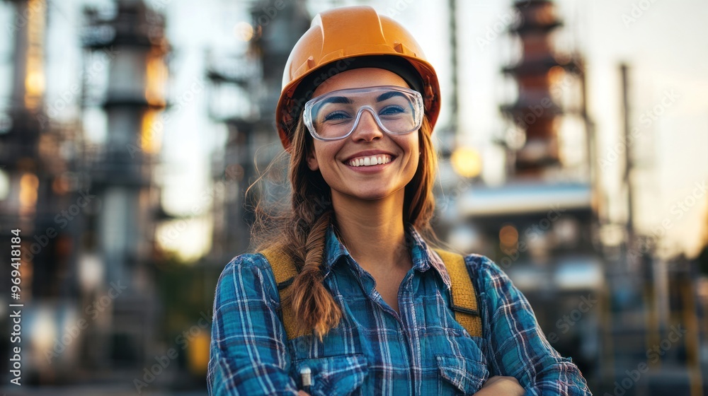 Portrait of Female engineer happy with workplace on white background Portrait of Female engineer happy with workplace on white background