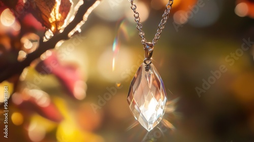 Close-up of a necklace with a crystal pendant, glistening in natural sunlight, capturing light refraction